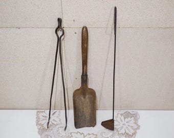 Vintage Iron Fireplace Tool Set: Rustic Fireside Shovel, Tongs, Scraper