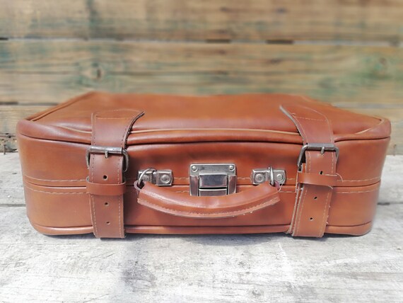 Vintage leather suitcase from 70s, Brown small su… - image 2