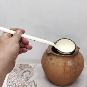 Vintage Cream Enamel Ladle: Rustic Metal Kitchen Dipper, 1960s