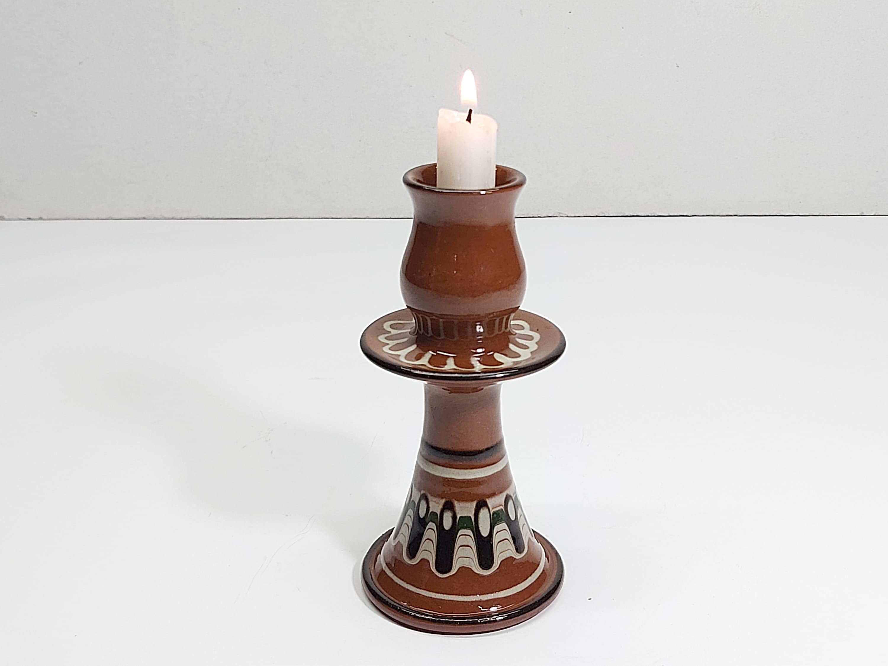 Vintage French Single Candlestick Holder in Terracotta Glazed with Beige Brownish Color French Find Hand Made Craft