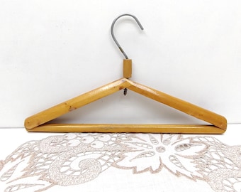 Vintage wooden coat or clothes hanger - Triangular hanger & trousers rod - Metal hook for hanging - Elegant suit hanger - Wedding hanger 60s