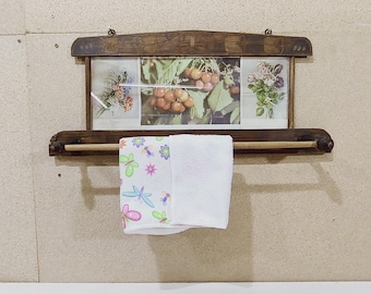 Vintage Wooden Towel Rack with Shelf: 1950s Kitchen Bathroom Display