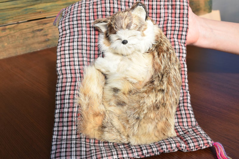 Vintage handmade souvenir from 70s Sleeping kitten on a small cushion Bed or chair decor Figure of a kitten lined with genuine leather