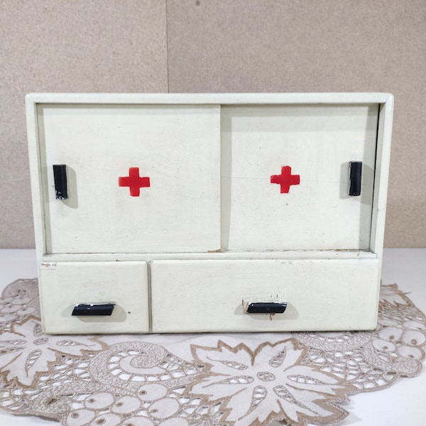 Vintage wall medical cabinet - Wood drugstore - Pharmacy cupboard - Old medicine chest - Wooden box red cross - First aid box - Storage unit