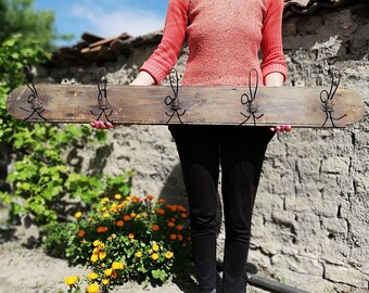 Antique wall hanger from 30s, Wooden hanger handmade, Hanger with five metal hooks, Clothes hanger, Wall decoration, Primitive hanger