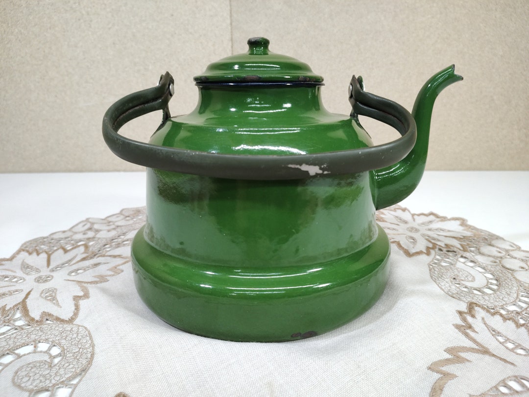 Distressed Enamel Kettle Very Rusty Green Teapot Bulgarian Enamelware