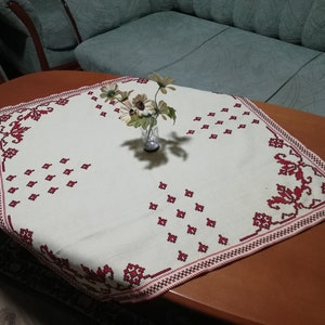 Vintage table cover - Hand embroidered tablecloth - Linen table cover - Old Bulgarian needlework - Square beige tablecloth - Folk Art of 60s