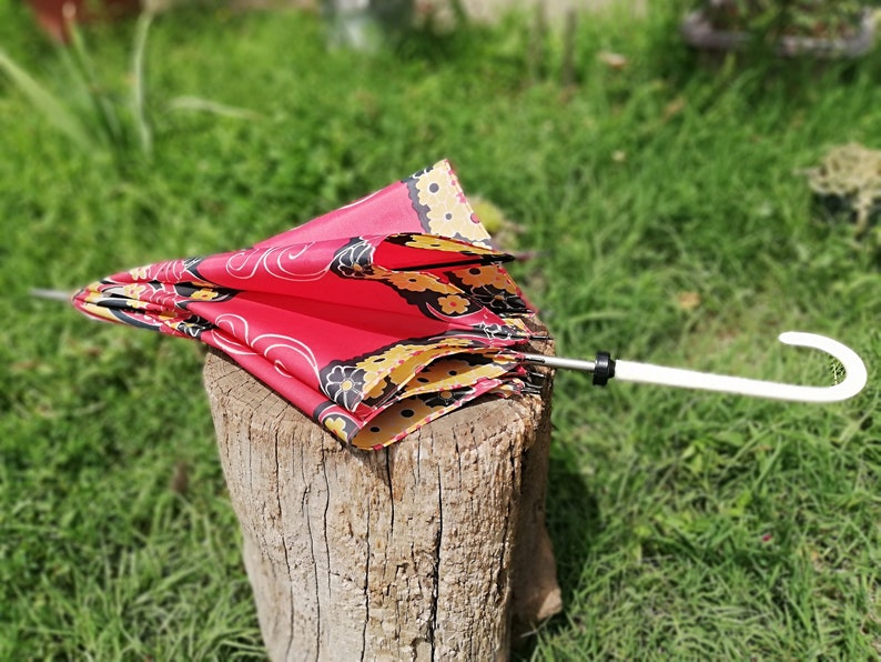 Vintage umbrella from 70s Multicolored umbrella Old umbrella from fabric and plastic handle Children umbrella Rain accessory Gift image 8