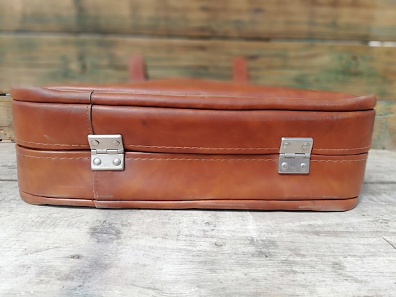 Vintage leather suitcase from 70s, Brown small su… - image 9