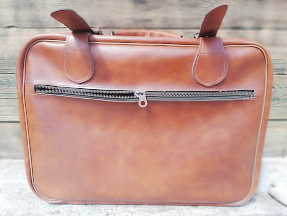 Vintage leather suitcase from 70s, Brown small su… - image 8