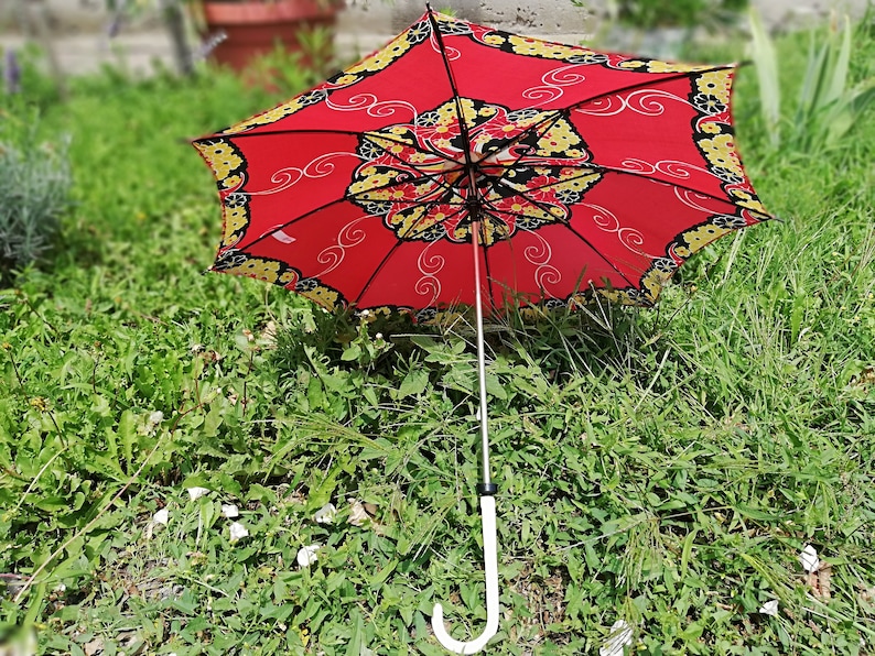 Vintage umbrella from 70s Multicolored umbrella Old umbrella from fabric and plastic handle Children umbrella Rain accessory Gift image 3