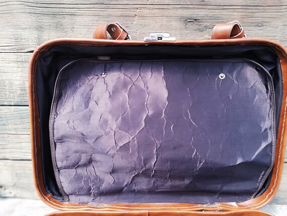 Vintage leather suitcase from 70s, Brown small su… - image 4