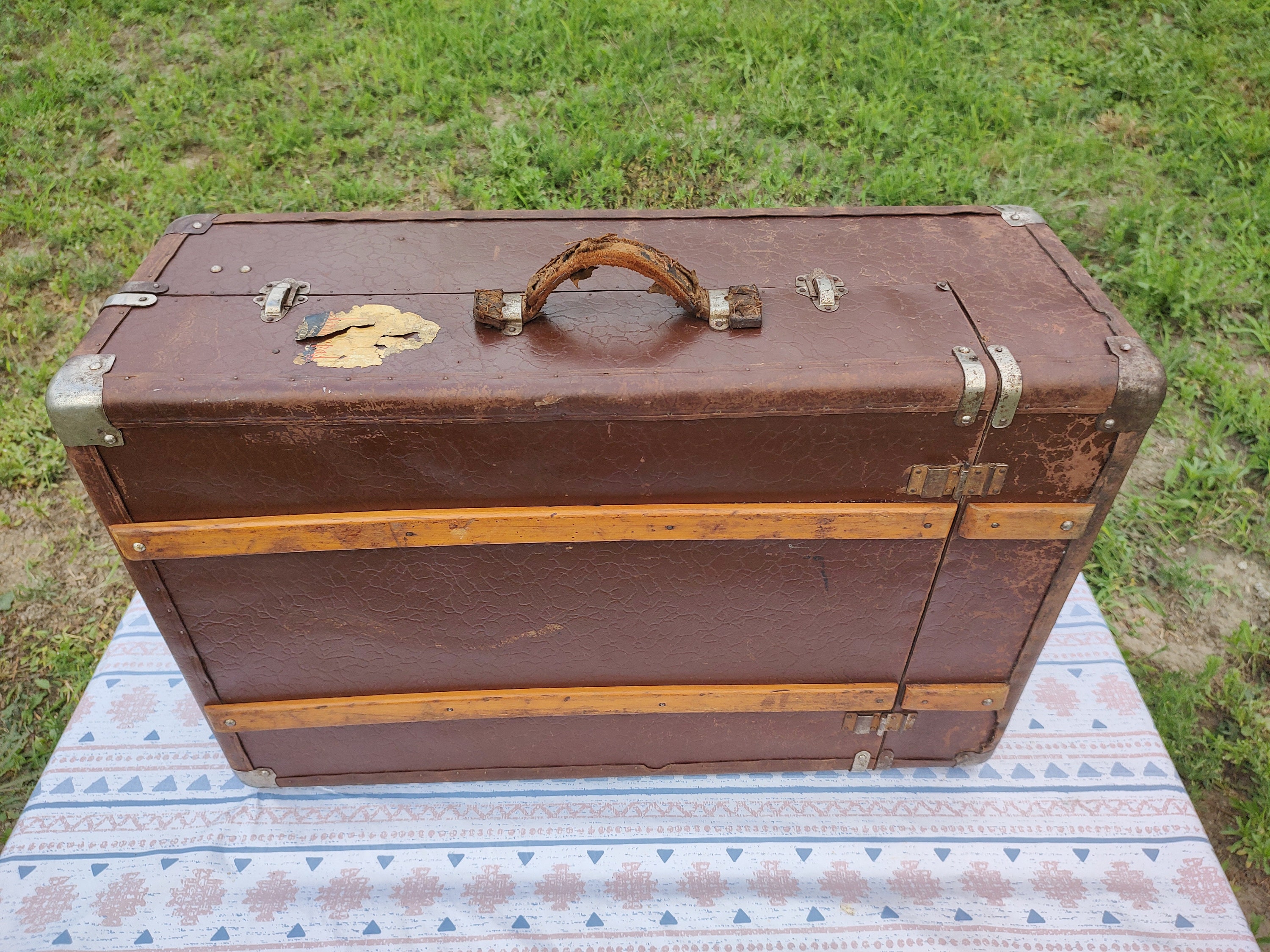 Antique Steamer Trunk Wardrobe Trunk With Drawers Luggage Shipping Suitcase  Rare