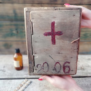 Antique Handmade Wooden First Aid Box - Red Cross Decor