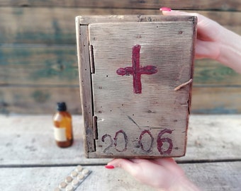 Antique Handmade Wooden First Aid Box - Red Cross Decor