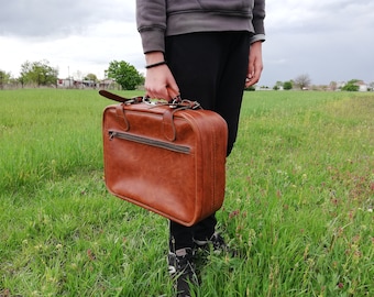 Vintage leather suitcase from 70s, Brown small suitcase, Leather suitcase and metal fasteners, Travel case, Retro suitcase, Gift for friend