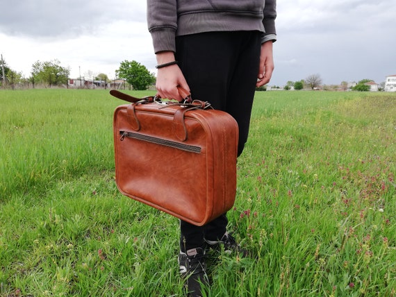 Vintage leather suitcase from 70s, Brown small su… - image 1