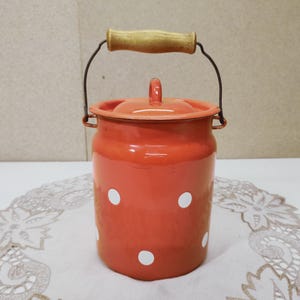 Vtg orange polka dot milk can - USSR enamel storage canister - Milk pail with wooden handle - Metal container / Milk jug / Retro / Nostalgic