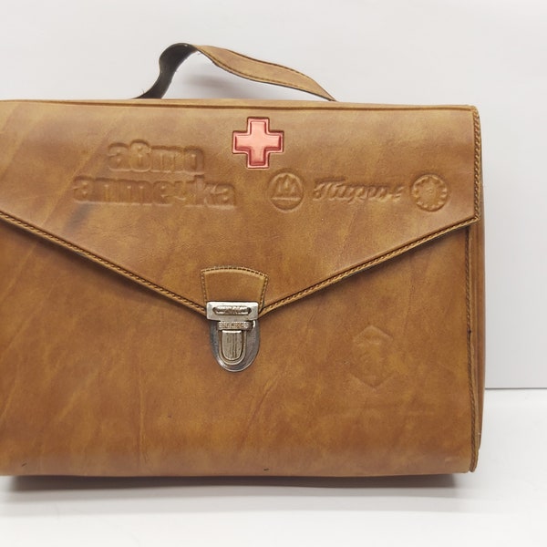 Vintage first aid car kit - Medicine box red cross - Leather car medical bag - Emergency bag - Medicine chest - Doctor bag - Auto suitcase