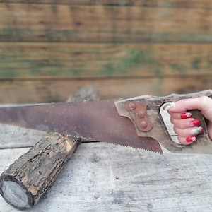 Vintage Rusty Hand Saw: Old Carpenter Tool, Workshop Wall Decor