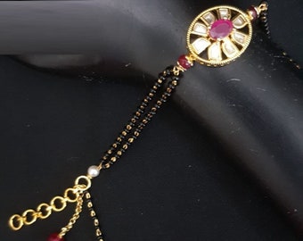 Kundan Ruby Mangalsutra Bracelet, Black Beads Indian Jewelry