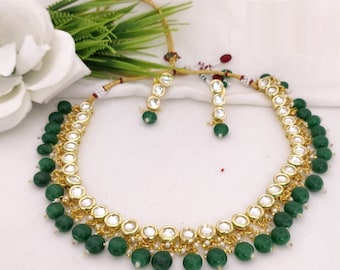 Emerald Green Kundan Necklace Set, Meenakari Gold Plated Jewelry