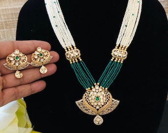 Kundan Indian Wedding Necklace with Green Beads, Jhumka Earrings