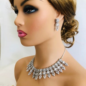 Bridal CZ Necklace/ Cubic Zirconia Necklace with Earrings/ CZ Cocktail Designer Necklace/ AD Bridal Jewelry/ Silver Necklace