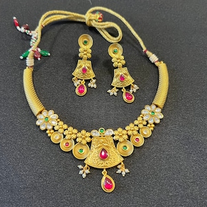 Antique Kundan Ruby Necklace/ Golden Designer Temple Jewelry Necklace / Kundan Ruby Emerald Jadau Necklace/ Indian Wedding Jewelry