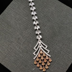 Brown Victorian CZ Mang Tika/ Silver CZ Mang Tika/ CZ Mang Tika with Kemp Stones/ Bridesmaid Cubic Zirconia Mang Tika/ Punjabi Maang Tikka