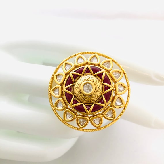 Golden Kundan Ring Red Meenakari Ring Bridal Ruby Kundan Ring