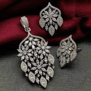 Silver CZ Pendant set/ Cocktail Cubic Zirconia Pendant with Stud earrings/ Designer Statement Jewelry/ Crystal Pendant/ CZ Cocktail Jewelry