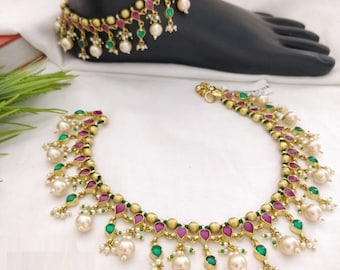 Indian Bollywood Gold Tone Fleur Bracelet Ruby pied Payal Mariée Mariage Bijoux Indian Bollywood Gold Tone Fleur Bracelet Ruby pied Payal Mariée Mariage Bijoux