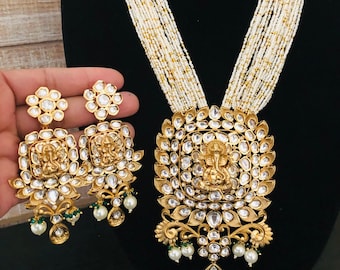 Golden Ganpati Kundan Necklace, Pearl Multistrand Indian Jewelry