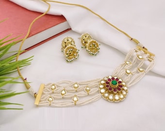 Kundan Choker Necklace Set, Ruby & Pearl Bridal Jewelry