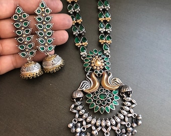 Emerald Green Oxidized Silver Necklace Set: Ethnic Tribal Jewelry