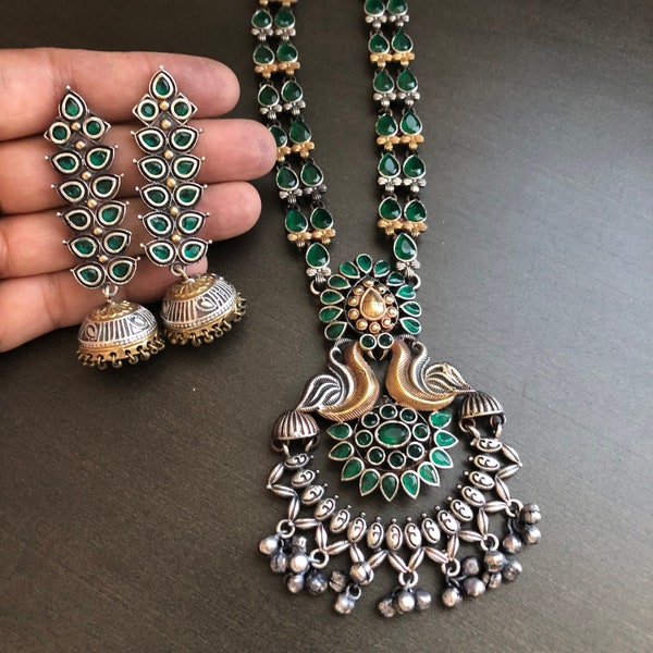 Green Dual Tone Oxidized Silver Necklace/ Statement Ethnic Necklace/ Emerald Two Tone Necklace/ Amrapali Green Tribal Necklace/ AryaFashions