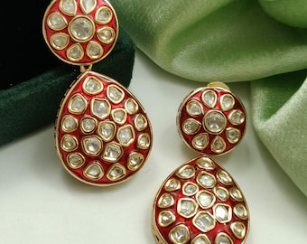 Red Meenakari Kundan Chandbali Earrings: Indian Wedding Jewelry