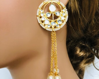 Kundan Pearl Chandbali Earrings, 22k Gold Plated Indian Jewelry