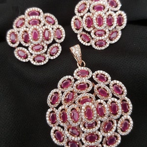Silver CZ Pendant set/ Rose Gold Ruby Pendant with Stud earrings/Designer Statement Jewelry/ Crystal Pendant/ Cocktail CZ Jewelry