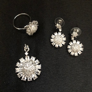 CZ Pendant/ Cubic Zirconia Flower Pendant set/ Silver Pendant/ CZ pendant set with studs and ring/ CZ Bridesmaid Pendant Set