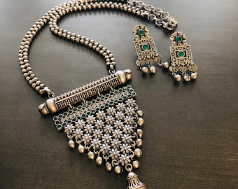 Green Oxidized Silver Necklace: White Amrapali Inspired Multicolor Tribal Boho Statement Necklace
