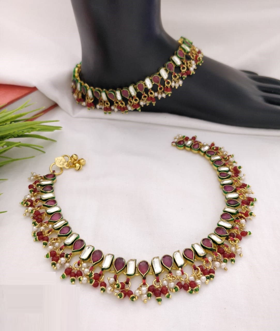 Ruby Kundan Meenakari Payal Anklets/ Indian Pajeb Polki Payal