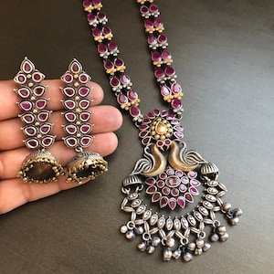 Ruby Red Dual Tone geoxideerde zilveren ketting/verklaring etnische ketting/rode tweekleurige ketting/Amrapali roze tribale ketting/AryaFashions