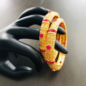 Golden Ruby Stone Bangles/ Sabyasachi Bangles/American Diamond Ruby Bangles / CZ Indian wedding jewelry/ Golden Indian Bangles