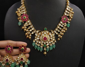 Emerald Kundan Necklace: Indian Bridal Jewelry, 22K Gold Finish