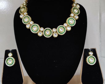 Green Meenakari Kundan Necklace Set, 22K Gold Plated Indian Jewelry
