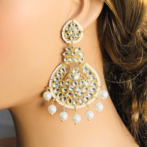 Boucles d’oreilles Big Kundan Chandbali / Punjabi Chandbali / Boucles d’oreilles en perle / Boucles d’oreilles Jadau Polki / Bijoux Sabyasachi Bollywood / Bijoux de mariage indiens