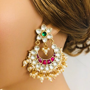Kundan Jadau Chandbali/ Ruby Emerald Sabyasachi Earrings/ Pachi Kundan Wedding Jewelry/ Kundan Pearl Chandbali/ Indian Bollywood Jewelry