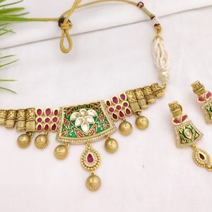 Green Rajwadi Meenakari Necklace / Blue Kundan Jadau Choker Necklace / Gray Rajasthani Choker / Handmade Rajwadi Golden Traditional Necklace